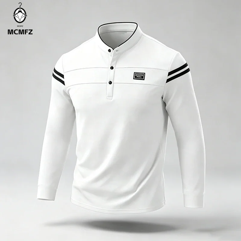 Male Urban Long Sleeve Polo Shirt Stand Collar Striped Decal For City Commute And Daily Street Leisure Matching Look