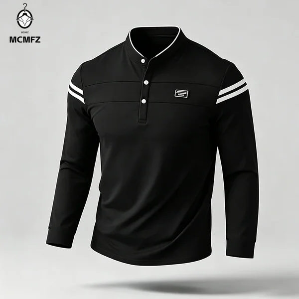 Male Urban Long Sleeve Polo Shirt Stand Collar Striped Decal For City Commute And Daily Street Leisure Matching Look