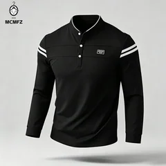 Male Urban Long Sleeve Polo Shirt Stand Collar Striped Decal For City Commute And Daily Street Leisure Matching Look