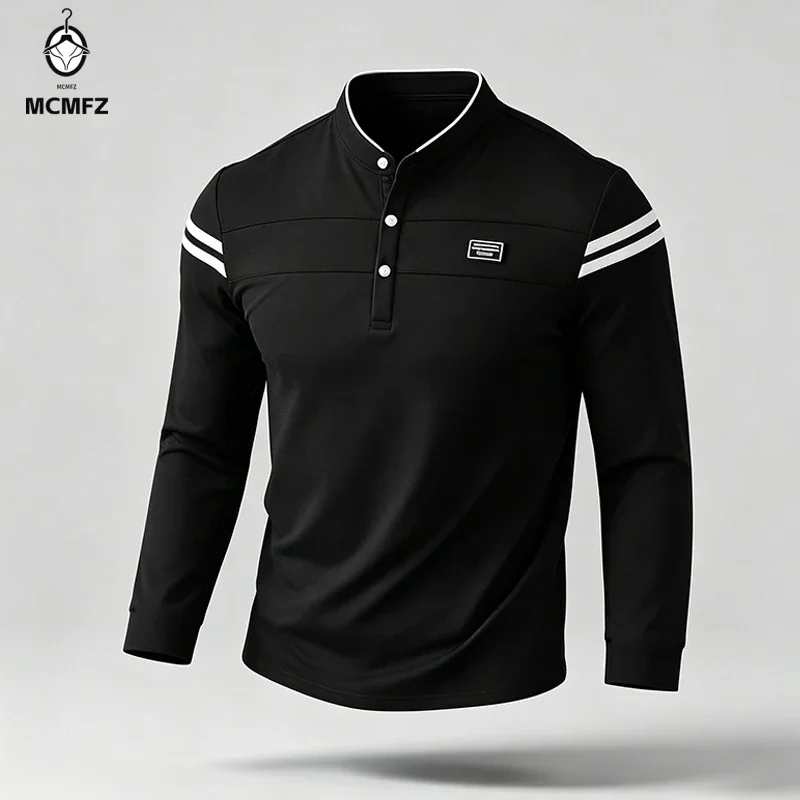 Male Urban Long Sleeve Polo Shirt Stand Collar Striped Decal For City Commute And Daily Street Leisure Matching Look