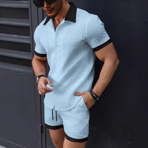 Matching Sets Trend Men Suit Linen Short Sleeve JacquardShirt And Shorts 2-piece Set Hawaii Beach Men Casual Set 2 piece set