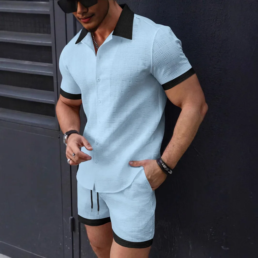 Matching Sets Trend Men Suit Linen Short Sleeve JacquardShirt And Shorts 2-piece Set Hawaii Beach Men Casual Set 2 piece set