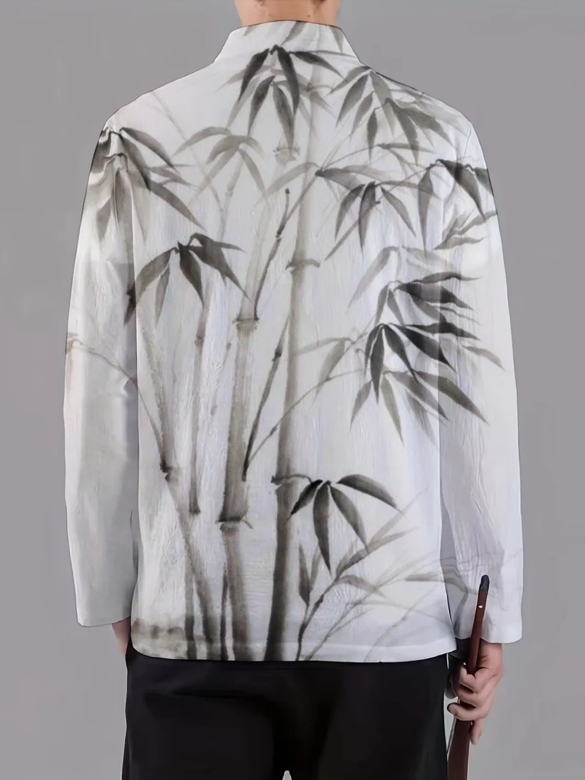 Men Mandarin Collar Frog Button Jacket Bamboo Leaf Art Pattern Traditional Outerwear