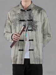 Men Mandarin Collar Frog Button Jacket Bamboo Leaf Art Pattern Traditional Outerwear