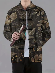 Men Mandarin Collar Frog Button Jacket Bamboo Leaf Art Pattern Traditional Outerwear
