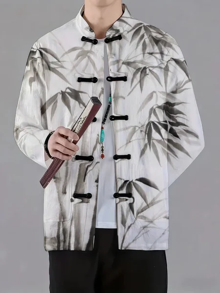 Men Mandarin Collar Frog Button Jacket Bamboo Leaf Art Pattern Traditional Outerwear
