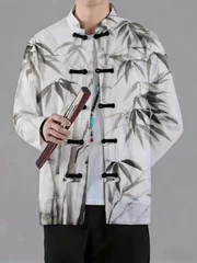 Men Mandarin Collar Frog Button Jacket Bamboo Leaf Art Pattern Traditional Outerwear