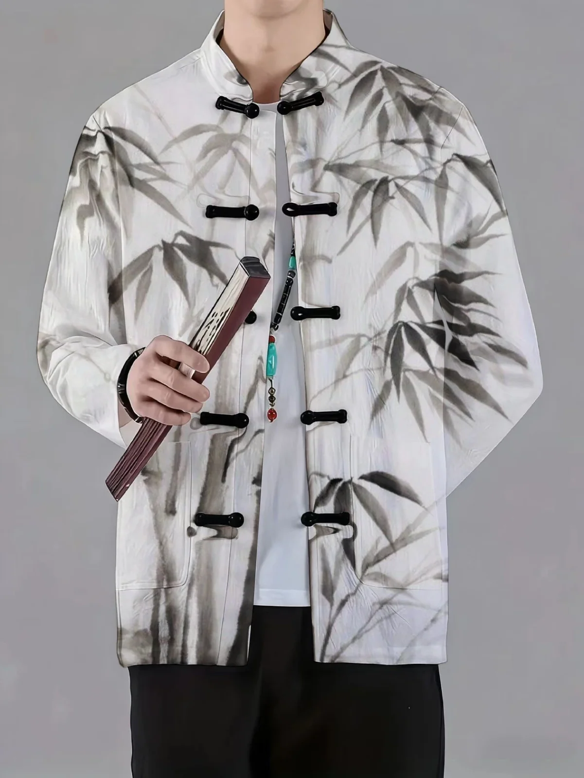 Men Mandarin Collar Frog Button Jacket Bamboo Leaf Art Pattern Traditional Outerwear