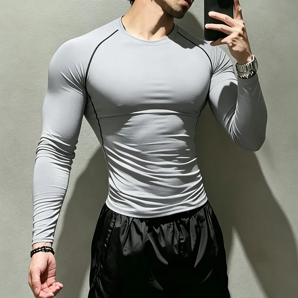 Men's Long Sleeve Compression Top Quick Dry Elastic Breathable Sports T‑Shirt for Daily Workout Running Fitness Active Wear