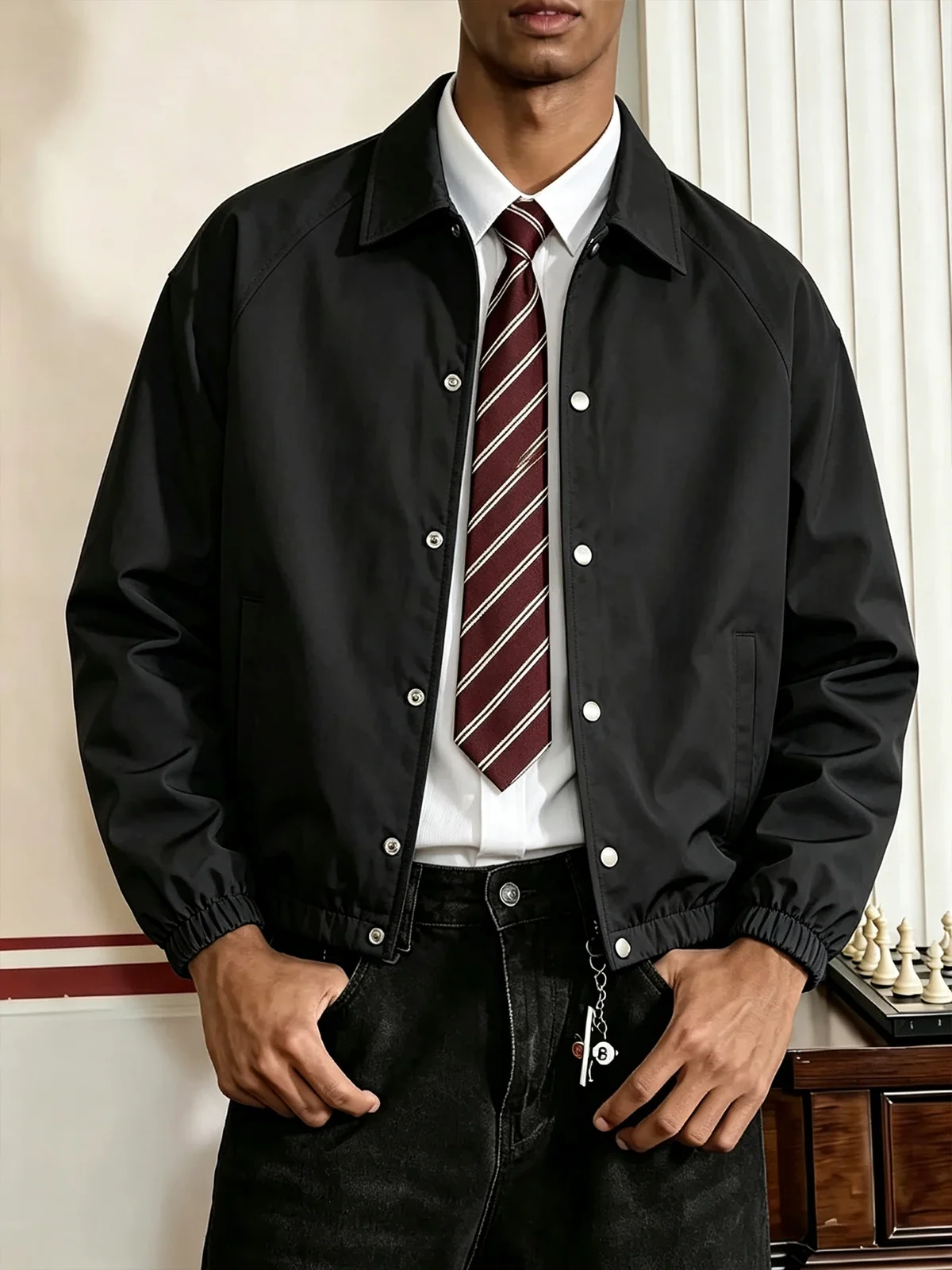 Men's Lapel Button Casual Jacket, American Vintage Loose Fit Commuter Coat, Button Placket Elastic Hem Raglan Sleeve, Side Pocke