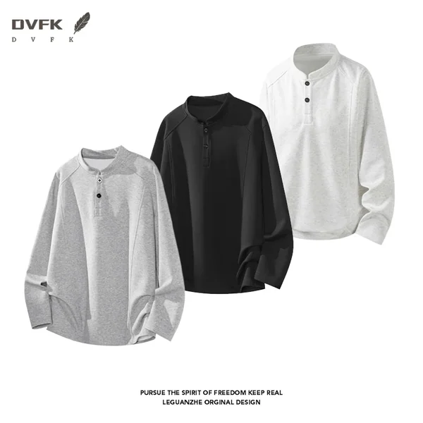 Men Raglan Sleeve Henley Long Sleeve Shirt Half Button Loose Curved Hem Casual Daily Top
