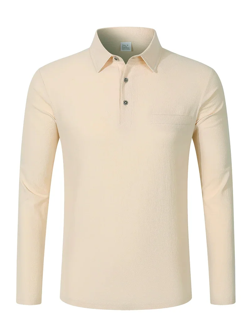 Men's Linen Blend Long Sleeve Polo Shirt with Chest Patch Breathable Lapel Collar Button Placket Casual Tops for Spring Fall