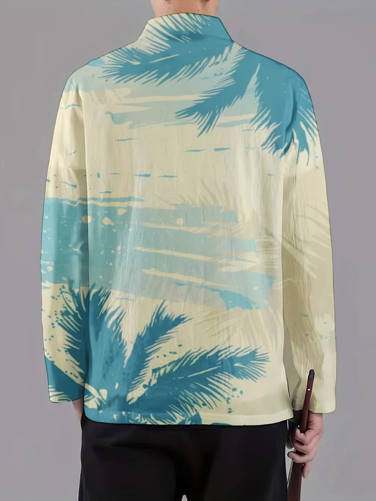 Men Mandarin Collar Frog Button Jacket Stripe Geometric Abstract Palm Leaf Art Print Traditional Outerwear