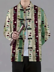 Men Mandarin Collar Frog Button Jacket Stripe Geometric Abstract Palm Leaf Art Print Traditional Outerwear
