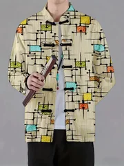 Men Mandarin Collar Frog Button Jacket Stripe Geometric Abstract Palm Leaf Art Print Traditional Outerwear