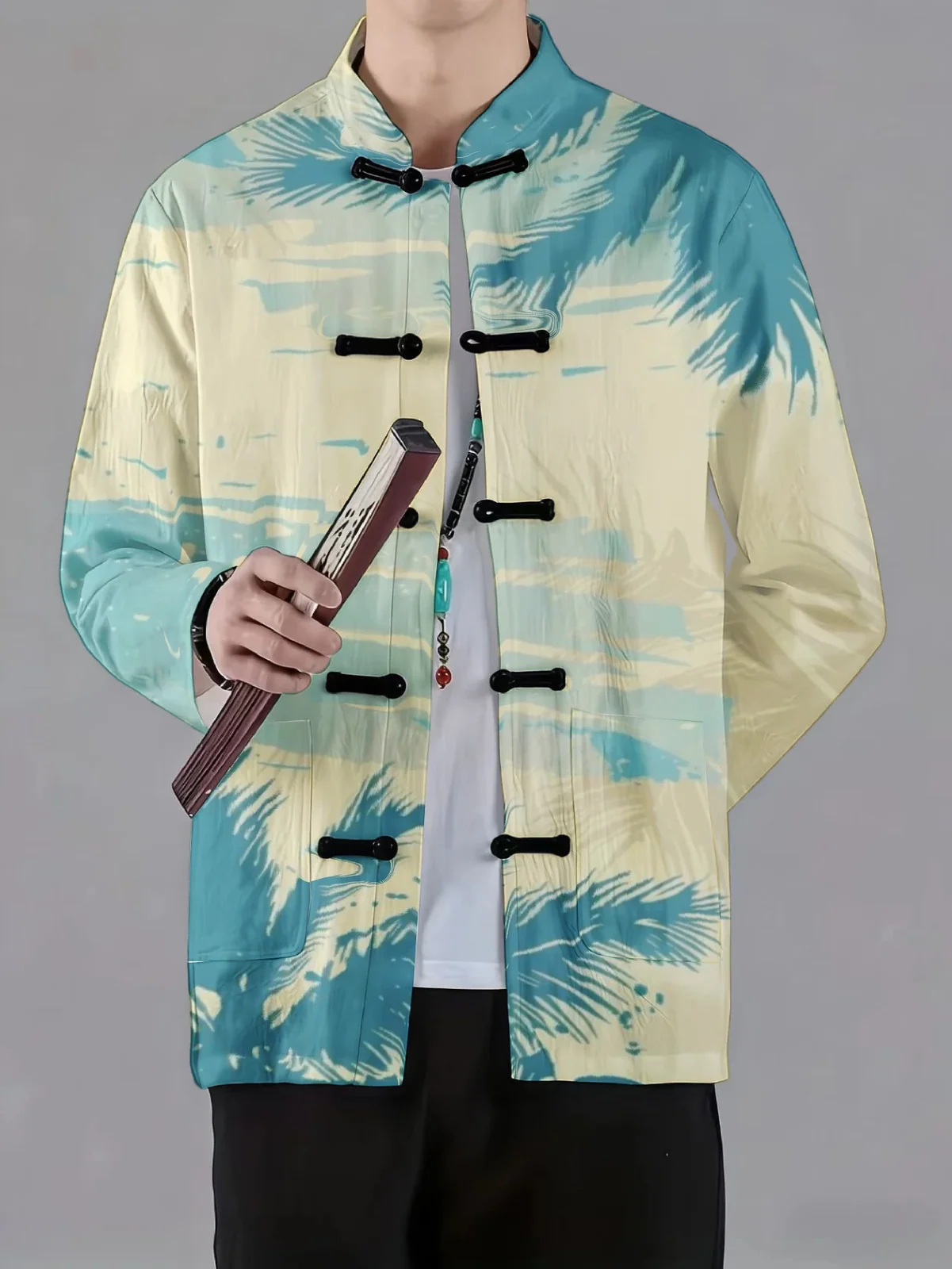 Men Mandarin Collar Frog Button Jacket Stripe Geometric Abstract Palm Leaf Art Print Traditional Outerwear