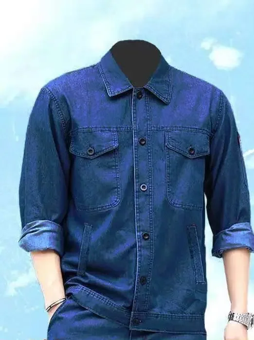 Men's Denim Shirt Long Sleeve Thin Breathable Loose Fit Deep Blue Wear Resistant Casual Outerwear Summer Season Workwear