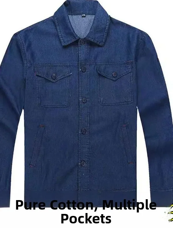 Men's Denim Shirt Long Sleeve Thin Breathable Loose Fit Deep Blue Wear Resistant Casual Outerwear Summer Season Workwear