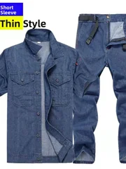 Men's Denim Shirt Long Sleeve Thin Breathable Loose Fit Deep Blue Wear Resistant Casual Outerwear Summer Season Workwear
