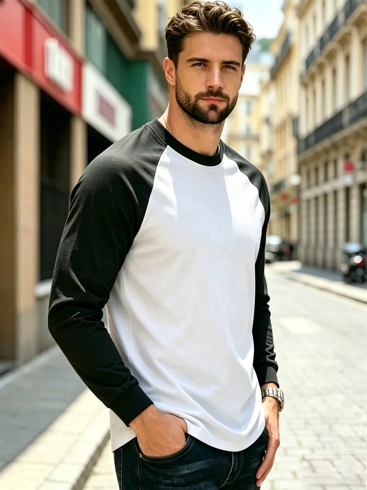 Men Casual Raglan Long Sleeve Crew Neck Contrast Color Tshirt All Season Soft Breathable Base Layer Streetwear Tops