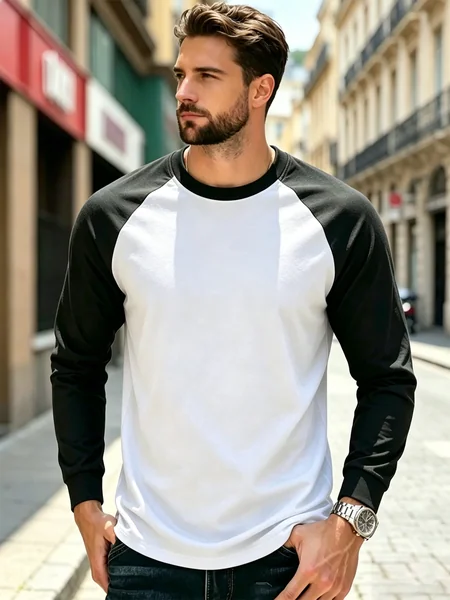 Men Casual Raglan Long Sleeve Crew Neck Contrast Color Tshirt All Season Soft Breathable Base Layer Streetwear Tops