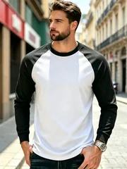 Men Casual Raglan Long Sleeve Crew Neck Contrast Color Tshirt All Season Soft Breathable Base Layer Streetwear Tops