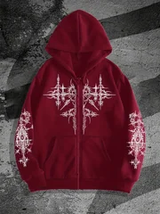 Men's Gothic Dark Style Printed Zip-Up Hoodie, a Fashionable Streetwear Zip-up Hoodie Suitable for Casual Occasions, the Perfect