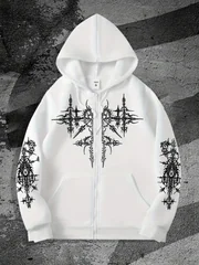 Men's Gothic Dark Style Printed Zip-Up Hoodie, a Fashionable Streetwear Zip-up Hoodie Suitable for Casual Occasions, the Perfect