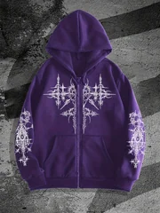 Men's Gothic Dark Style Printed Zip-Up Hoodie, a Fashionable Streetwear Zip-up Hoodie Suitable for Casual Occasions, the Perfect