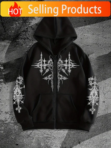 Men's Gothic Dark Style Printed Zip-Up Hoodie, a Fashionable Streetwear Zip-up Hoodie Suitable for Casual Occasions, the Perfect