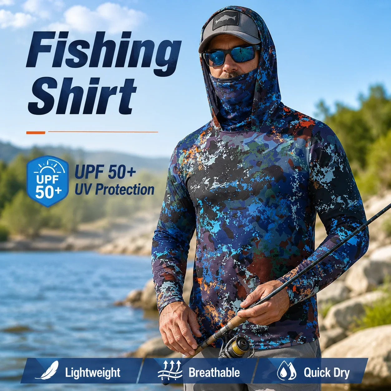 MALFC 1PC Men Hood Fishing Shirt Long Sleeve Fishing T Shirt UV Protection Fishing Apparel