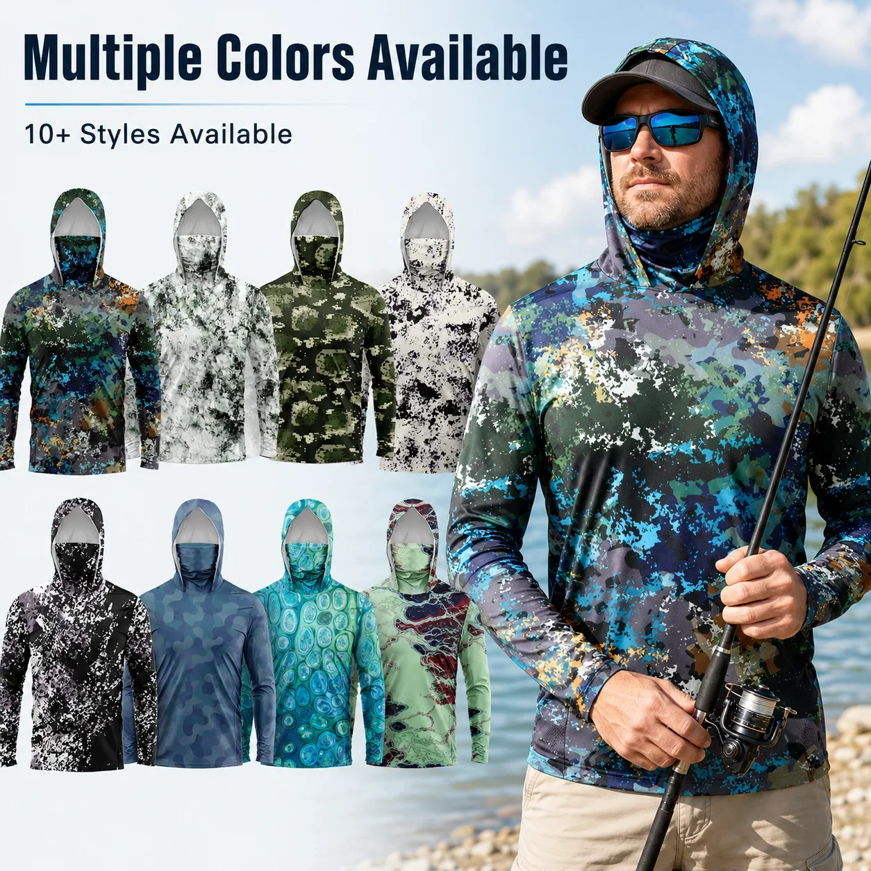 MALFC 1PC Men Hood Fishing Shirt Long Sleeve Fishing T Shirt UV Protection Fishing Apparel