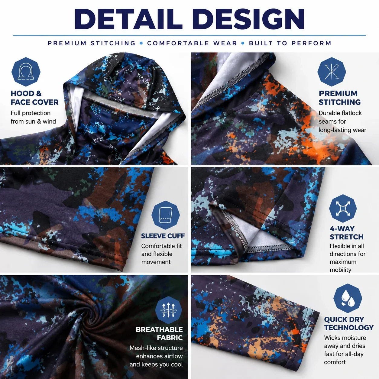 MALFC 1PC Men Hood Fishing Shirt Long Sleeve Fishing T Shirt UV Protection Fishing Apparel