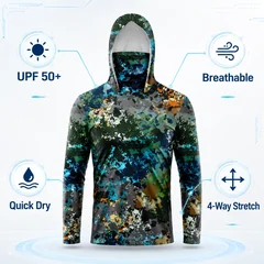 MALFC 1PC Men Hood Fishing Shirt Long Sleeve Fishing T Shirt UV Protection Fishing Apparel