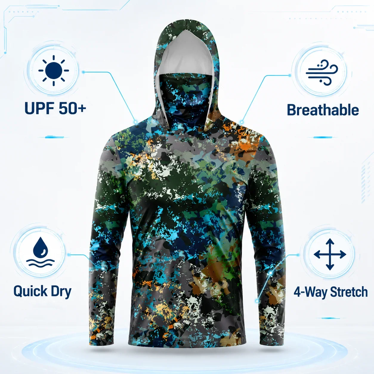 MALFC 1PC Men Hood Fishing Shirt Long Sleeve Fishing T Shirt UV Protection Fishing Apparel