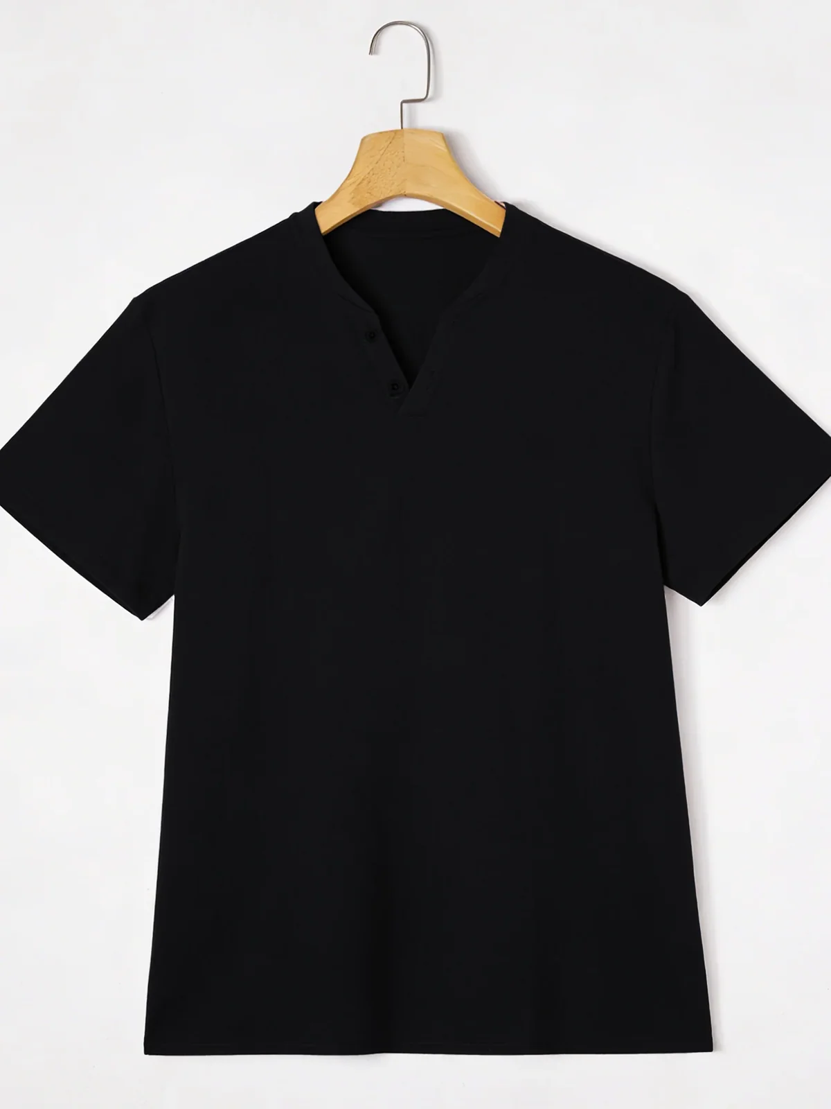 Elegant Black Henley Short-Sleeve T-Shirt for Men – Luxe Cotton Blend, Minimalist Button Placket, Breathable Silhouette, Timele