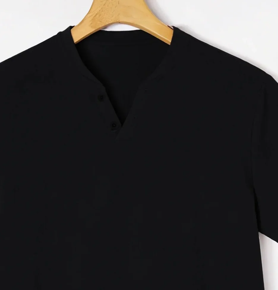 Elegant Black Henley Short-Sleeve T-Shirt for Men – Luxe Cotton Blend, Minimalist Button Placket, Breathable Silhouette, Timele