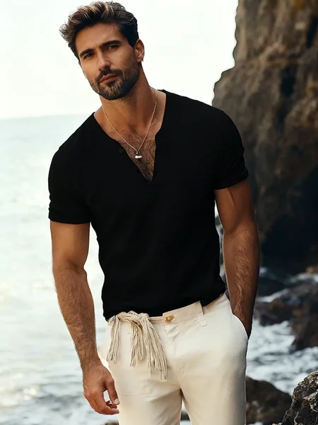 Elegant Black Henley Short-Sleeve T-Shirt for Men – Luxe Cotton Blend, Minimalist Button Placket, Breathable Silhouette, Timele