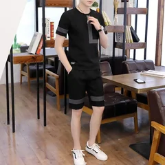 2026 New Men's Summer Sports Casual Two Piece Set Korean Loose Short Sleeve T Shirt Five Inch Shorts