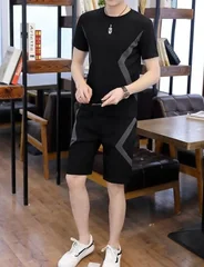 2026 New Men's Summer Sports Casual Two Piece Set Korean Loose Short Sleeve T Shirt Five Inch Shorts