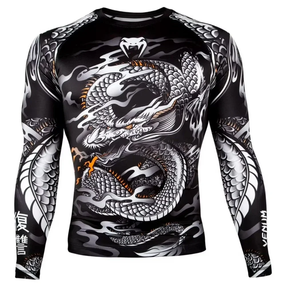 Dragon Pattern Long Sleeve Compression Shirt for Fitness Training MMA BJJ Workout Anti-slip Quick Dry