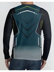 New long-sleeve T-shirt in gradient blue with geometric digital print, breathable and comfortable long-sleeve casual sports top