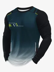 New long-sleeve T-shirt in gradient blue with geometric digital print, breathable and comfortable long-sleeve casual sports top