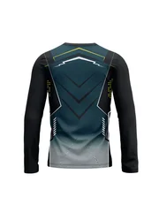 New long-sleeve T-shirt in gradient blue with geometric digital print, breathable and comfortable long-sleeve casual sports top