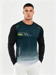 New long-sleeve T-shirt in gradient blue with geometric digital print, breathable and comfortable long-sleeve casual sports top