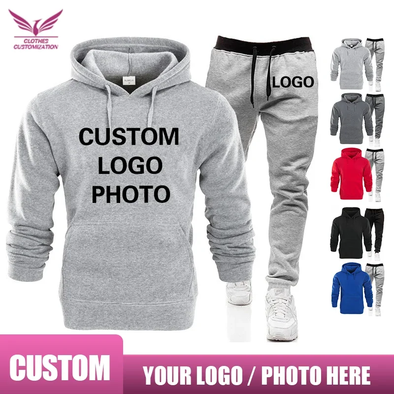Men's Casual Hooded Top print photo Jogging Sports Suit Mountaineering Drawstring Sports Pants Two-piece Set Custom logo DIY