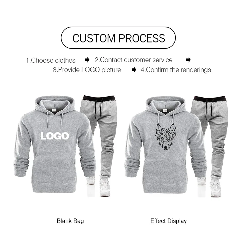 Men's Casual Hooded Top print photo Jogging Sports Suit Mountaineering Drawstring Sports Pants Two-piece Set Custom logo DIY