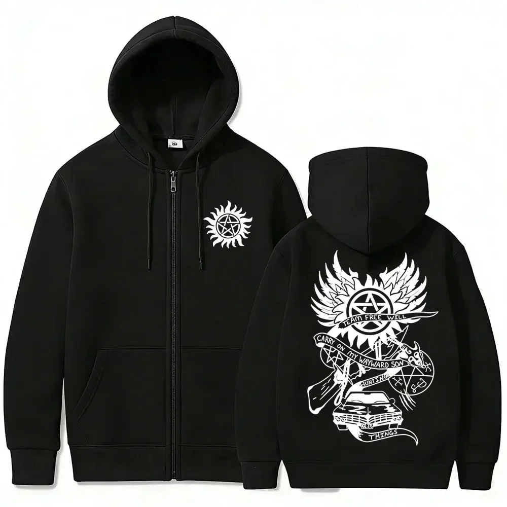 Supernatural Merch Zipper Hoodie Men Women Gothic Rock Oversized Zip Up Jacket Male Casual Retro Fleece Cotton Zip Up Sweatshirt