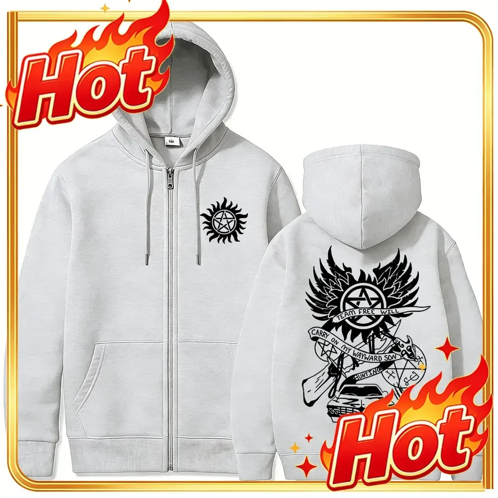 Supernatural Merch Zipper Hoodie Men Women Gothic Rock Oversized Zip Up Jacket Male Casual Retro Fleece Cotton Zip Up Sweatshirt