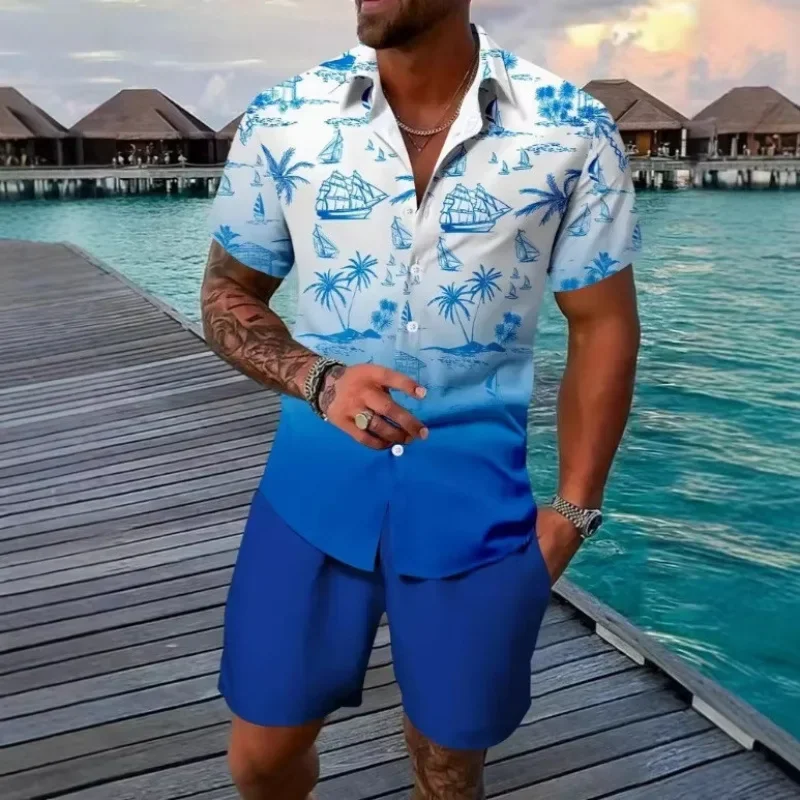 Men's Short Sleeve Shirt Digital Print Four Way Stretch Breathable Polyester Summer Fashion Casual Loose Fit Button up